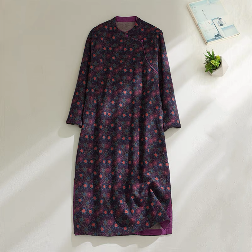 ワンピース、綿麻、裏起毛、冬、パープル