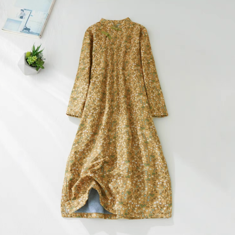 ワンピース、綿麻、裏起毛、冬