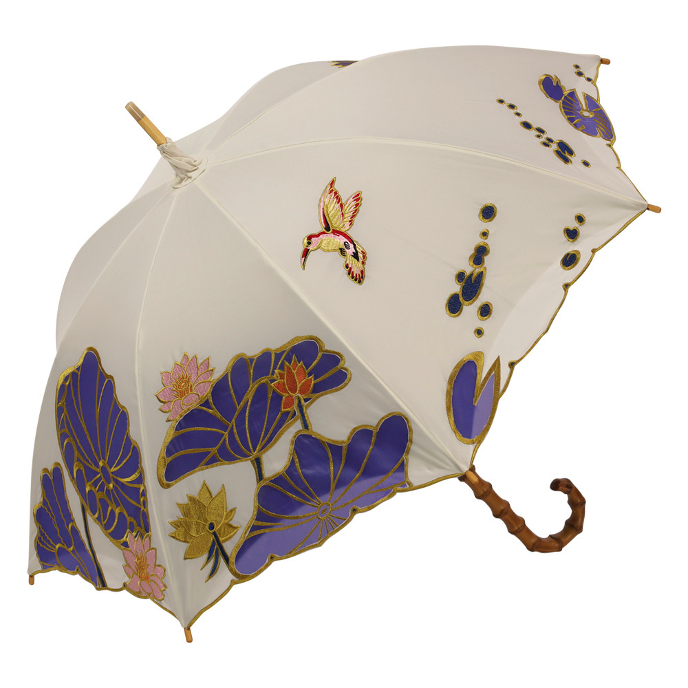 完全遮光 キーヤン 日傘 【逃熱日傘】「木村英輝」コラボ 涼感かわず張りオーガンジーカットワーク刺繍長日傘 蓮花モカ