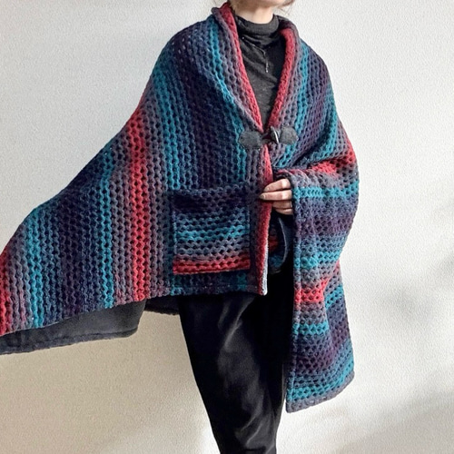 イタリー製 ぽこぽこニットの極暖ストールポンチョ（レッド×ネイビー