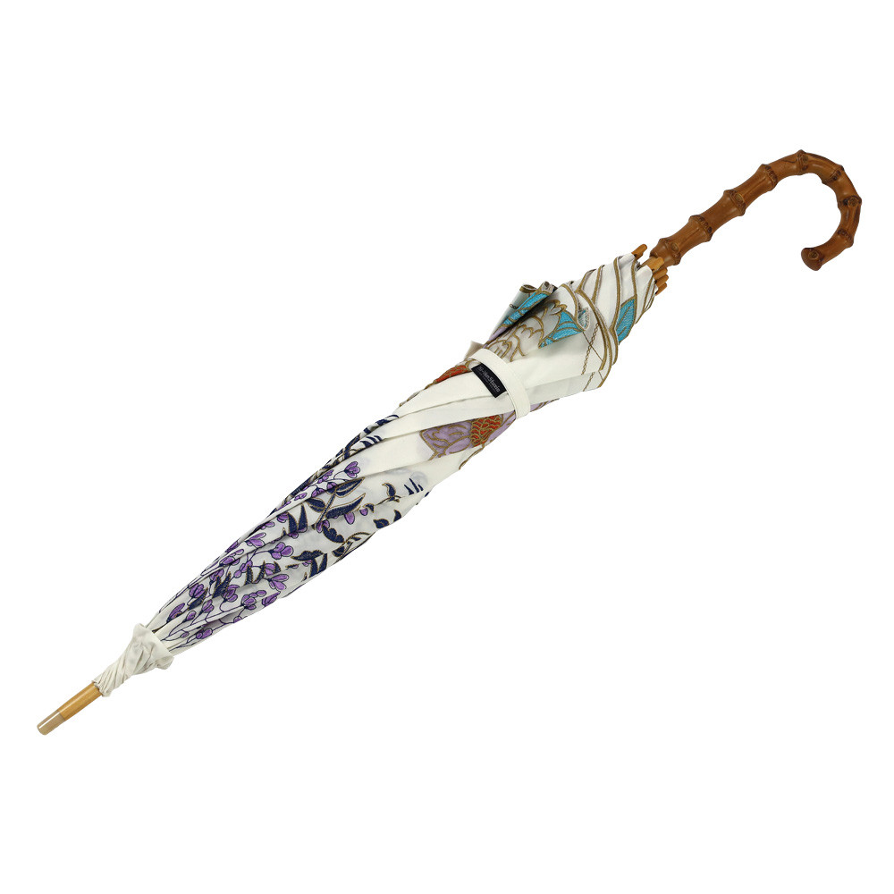 完全遮光 キーヤン 日傘 【逃熱日傘】「木村英輝」コラボ 涼感かわず張りオーガンジーカットワーク刺繍長日傘 牡丹ホワイト