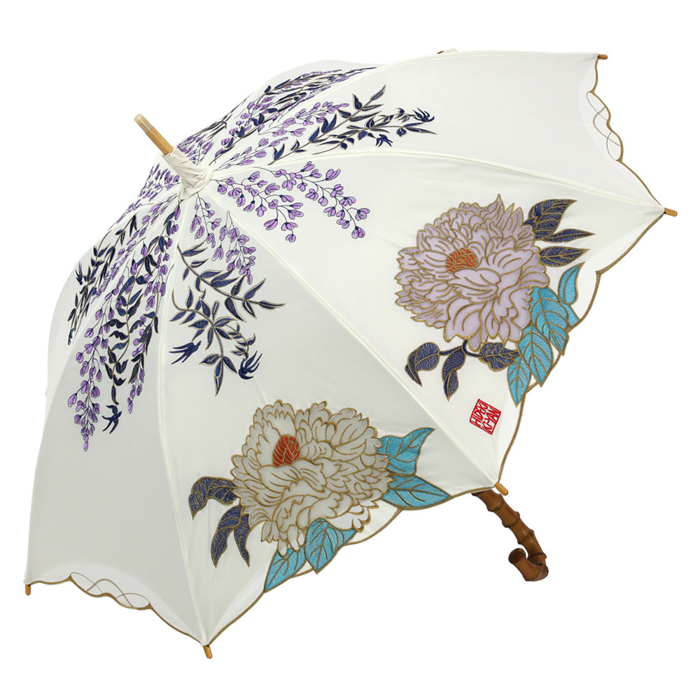 完全遮光 キーヤン 日傘 【逃熱日傘】「木村英輝」コラボ 涼感かわず張りオーガンジーカットワーク刺繍長日傘 牡丹ホワイト