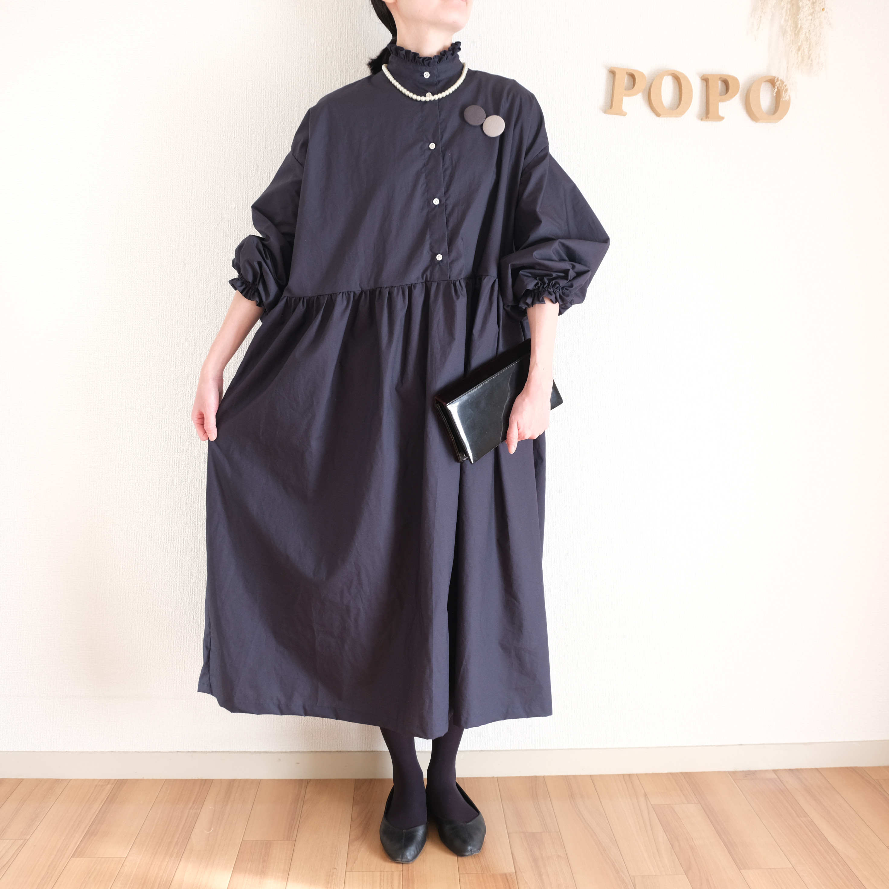 洗えるウエスト切り替えフリルワンピース　ネイビー(濃紺)　フォーマルや普段着にも○【オールシーズン】【1枚で決まる】