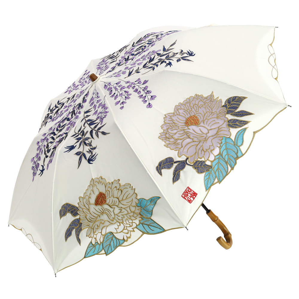 完全遮光 キーヤン 【逃熱日傘】「木村英輝」コラボ 涼感かわず張りオーガンジー刺繍ショート折りたたみ日傘 牡丹ホワイト
