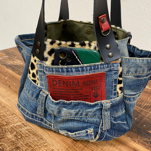 まんまるトートバッグ小サイズ デニムリメイク×ベルボアひよう柄