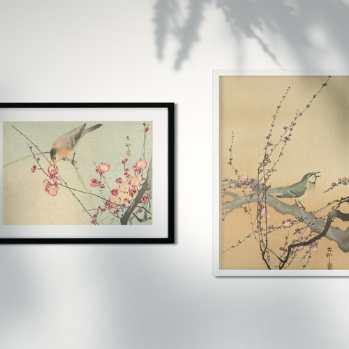 梅の枝に止まる鳥日本画インテリアポスター☆花柄お正月和室和