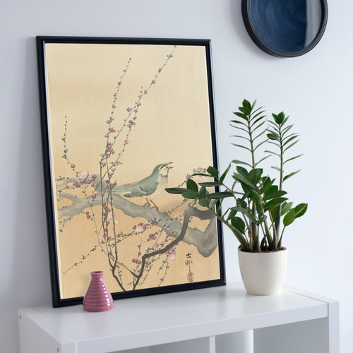梅の枝に止まる鳥日本画インテリアポスター☆花柄お正月和室和モダン