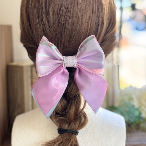 ピンク系オーロラリボン ラウンドレジンヘアゴム SALE】オーロラリボン ピンク×水色 リボンヘアアクセサリー ヘア