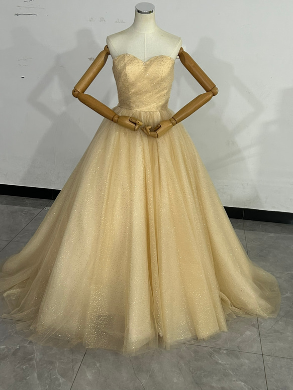 カラードレス シャンパン色 ベアトップ キラキラチュール 編み上げ 短  
