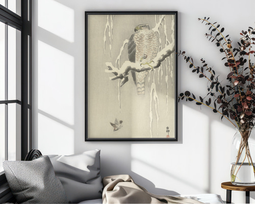 温め鳥の日本画アートポスター☆鷹スズメ雪お正月個性的冬和柄和室書斎