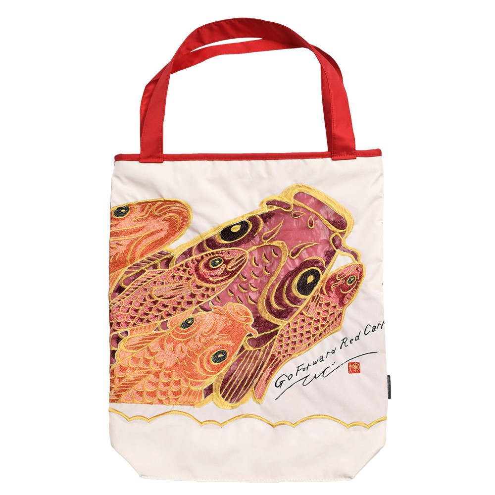 ツインプロテクト 三重構造 「木村英輝」コラボ オーガンジーカットワーク刺繍 防水・撥水トートバッグ 鯉・レッド2