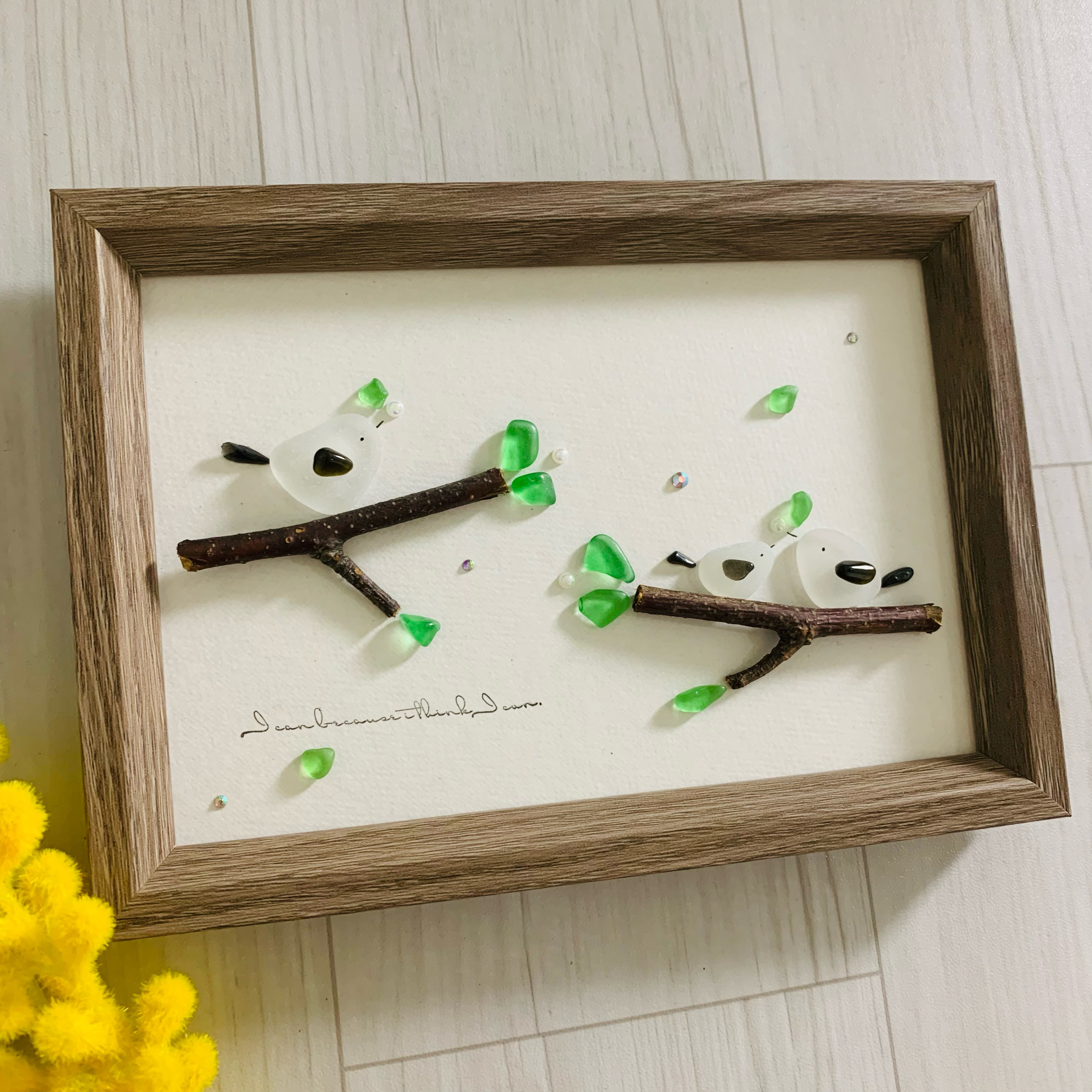 シーグラスアート シマエナガ 北海道 インテリア雑貨 北欧 リビング 書斎 観葉植物 家族プレゼント 贈り物 海の宝石