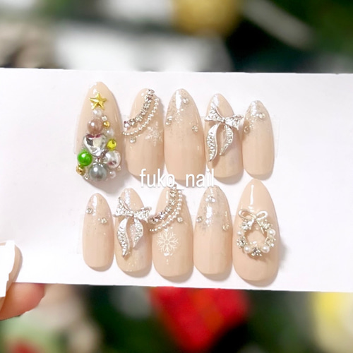 ネイルチップ ワンホン リボン ビジュー クリスマス 冬