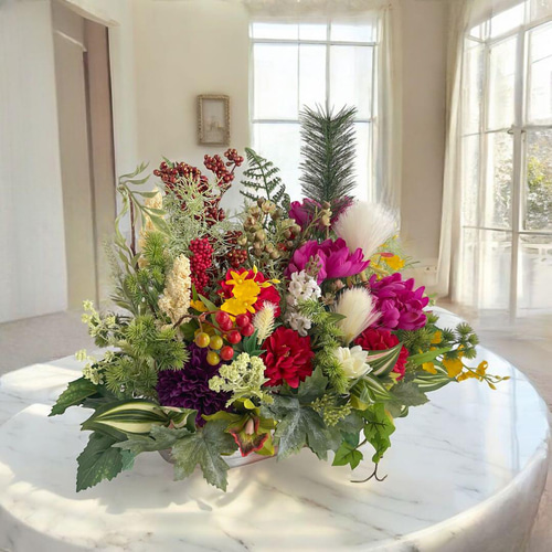 新年を彩る和のアレンジメント 正月アレンジ 光触媒フラワー しめ飾り