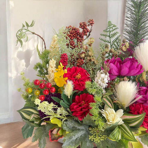 新年を彩る和のアレンジメント 正月アレンジ 光触媒フラワー しめ飾り