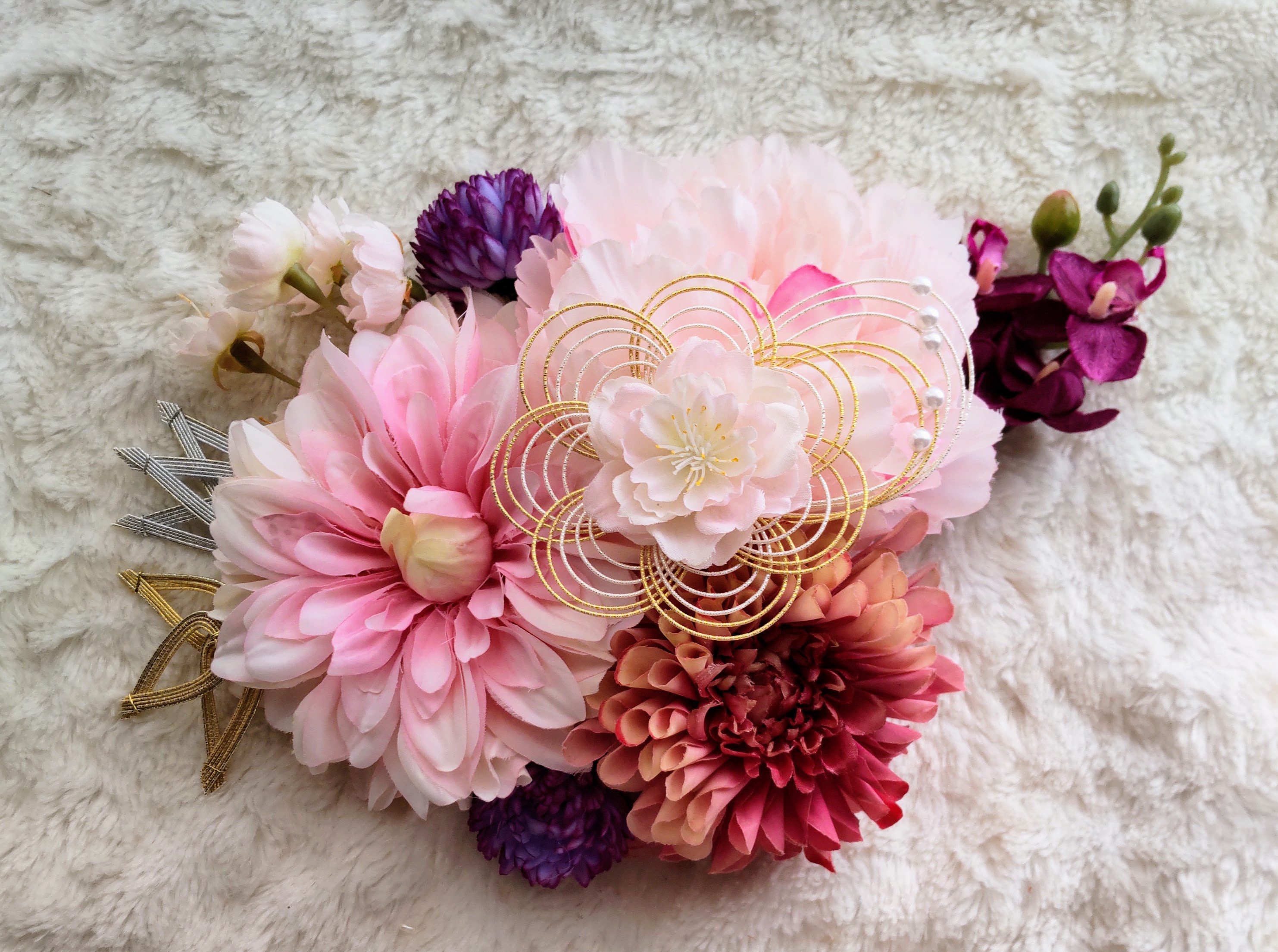 造花髪飾り　ライトピンクダリア　ピオニー