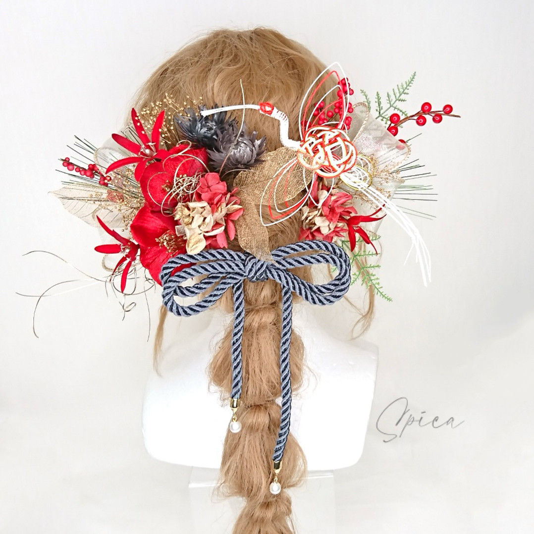 【一点限定】椿と鶴の水引とツイストコードのヘッドドレス 髪飾り 成人式 卒業式 和装 打掛 七五三 袴 赤 グレー 造花