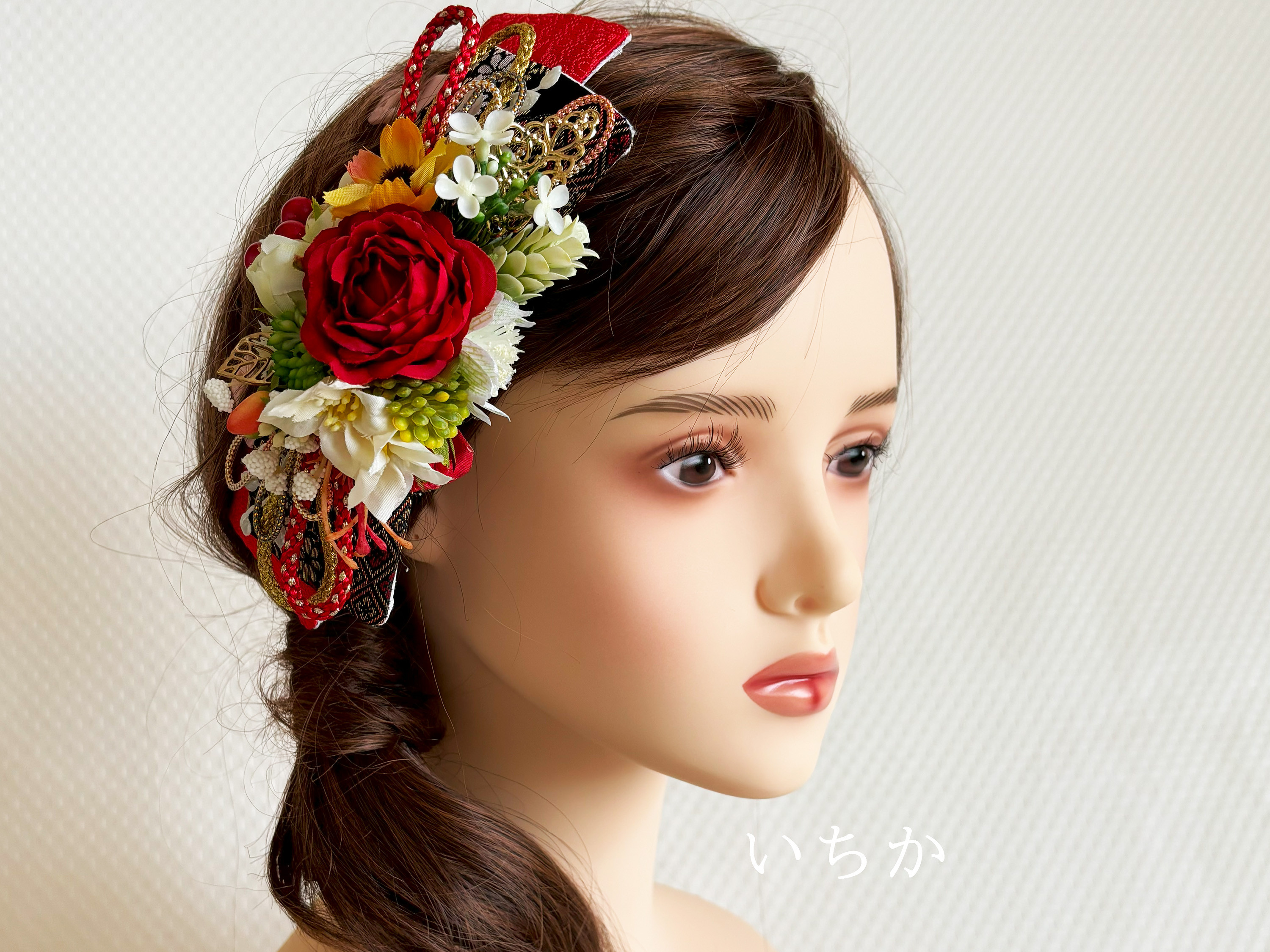 リボンヘッドドレス紅花（S016）和装髪飾り 成人式用髪飾り 成人式ヘア飾り 振袖用髪飾り 振袖 袴 打掛 卒業式