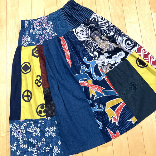 105番】和柄 刺し子とパッチワークのロングスカート （手作り 綿