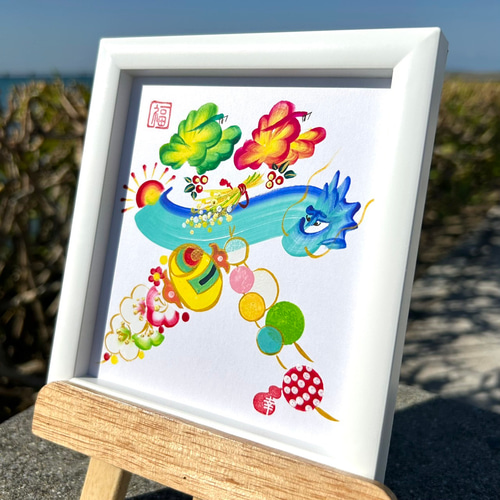 吉祥花文字『笑』ミニ色紙（寸松庵）額付き｜手書き一点物。豊か