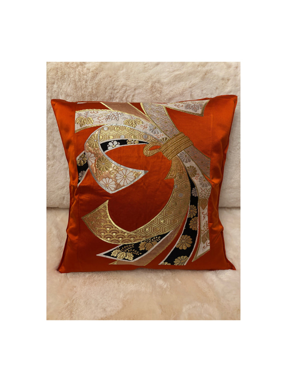 2854朱色の袋帯リメイク 正絹クッションカバー お正月❗️プレゼント