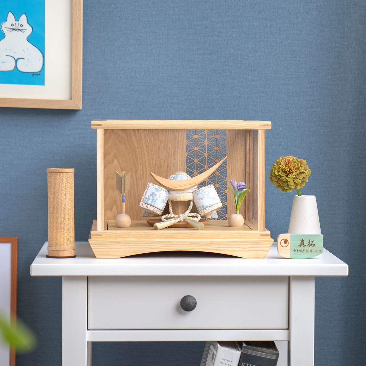 ことの木目込かぶと（5KSDA-0210）（そら）伊達政宗　円ケース　麻の葉｜コンパクトな五月人形｜節句兜｜コンパクト