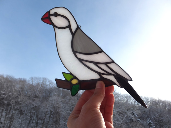 受注制作】ステンドグラス 文鳥 サンキャッチャー 匿名配送【鳥 小鳥