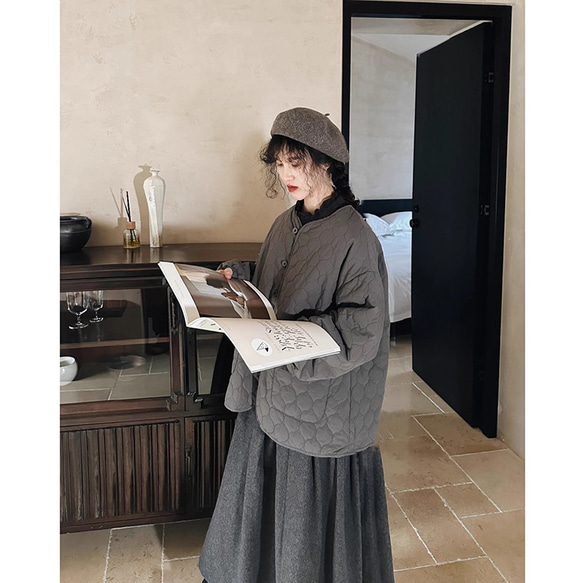 キルティング中綿暖かいジャケット　ゆとりジャケット　グレー　フリーサイズ　S341　 5枚目の画像
