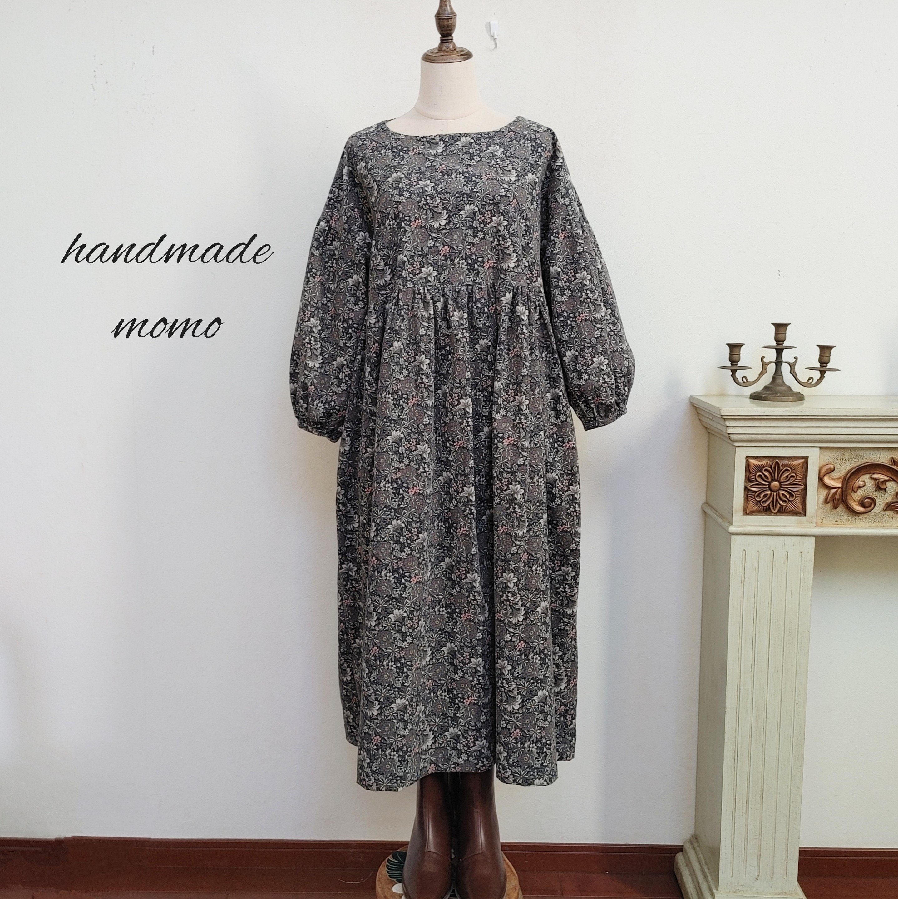 handmadeコーデュロイワンピースfreeYUWA花柄 長袖 handmadeコーデュロイワンピースfree花柄 YUWAコーデュロイ花柄