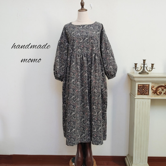 handmadeコーデュロイワンピースfreeYUWA花柄 長袖 YUWAコーデュロイ花柄ギャザーワンピースfreeグレー ワンピース momo