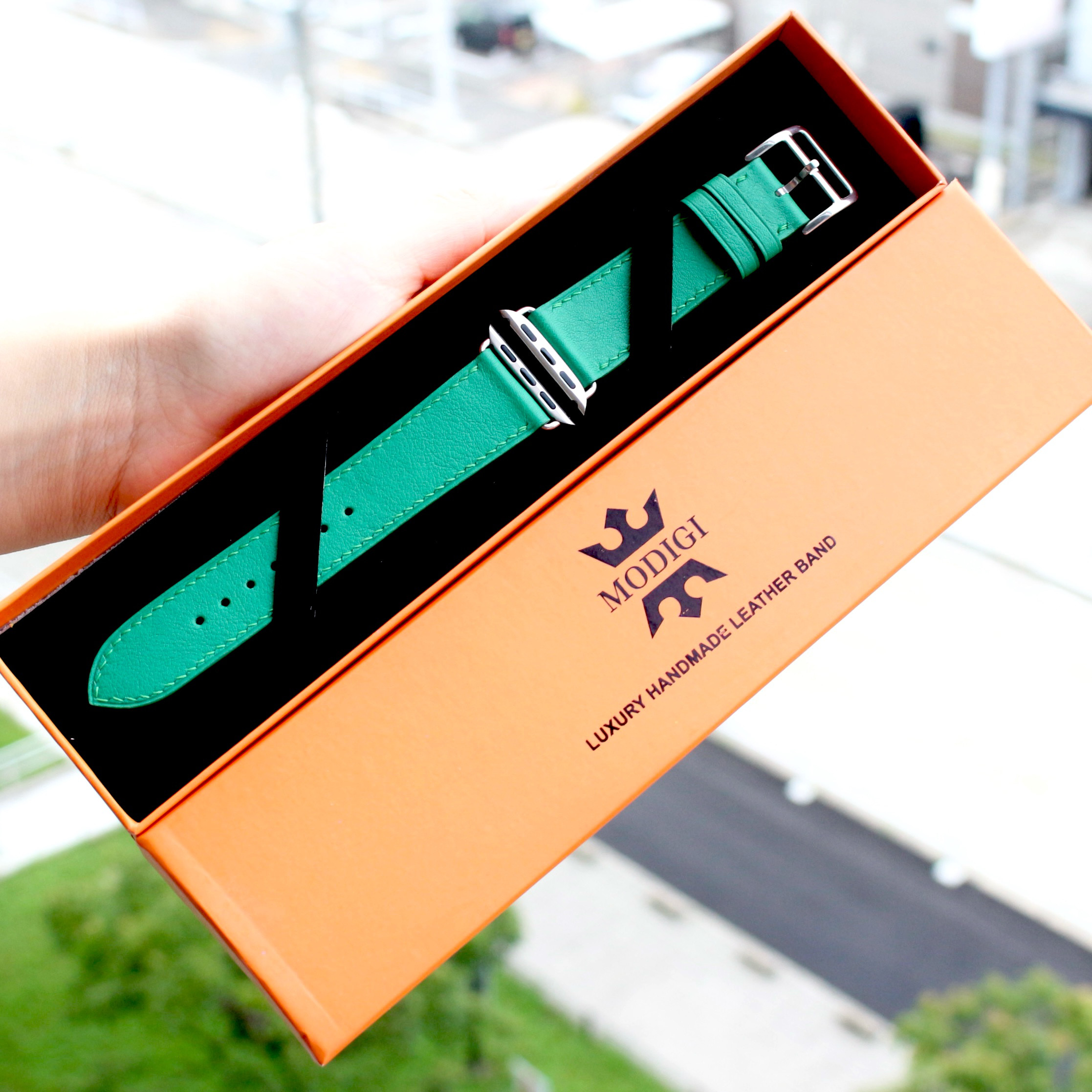MODIGI アップルウォッチ10  レザーバンド　本革ベルト 46mm Apple Watch 革　グリーン　緑