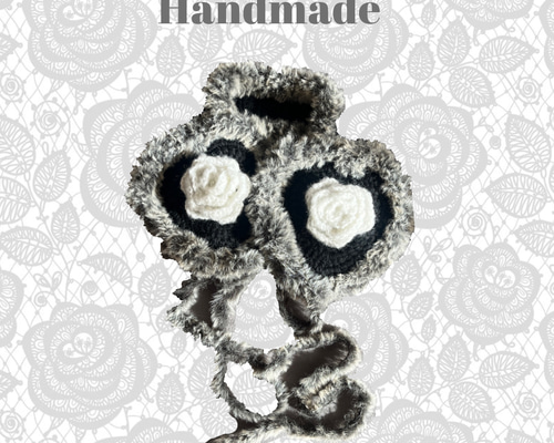 ハートローズイヤーマフ 耳あて ファー 黒 白 バラ 薔薇 耳当て