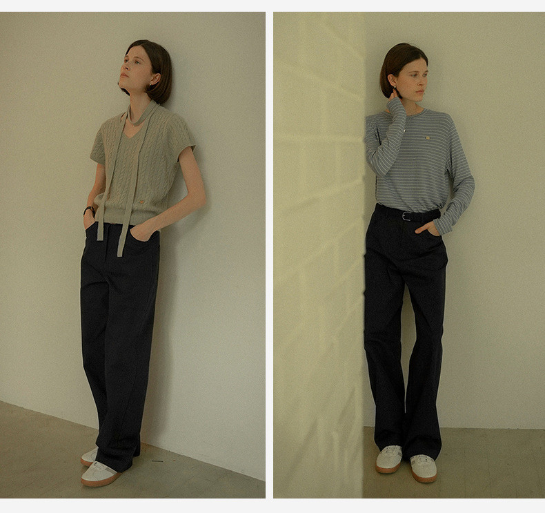 100%コットン生地ロングパンツ レトロストレートパンツ