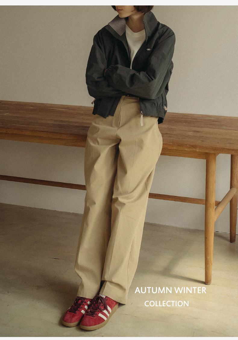 100%コットン生地ロングパンツ レトロストレートパンツ