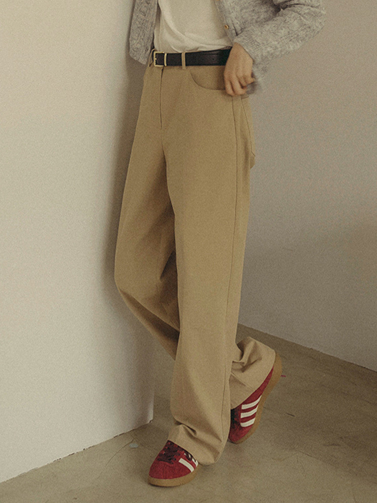 100%コットン生地ロングパンツ レトロストレートパンツ