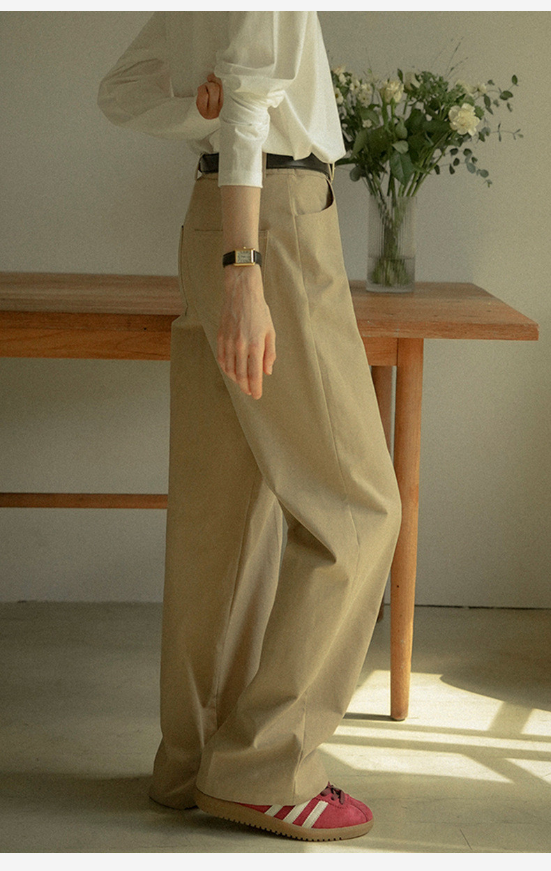 100%コットン生地ロングパンツ レトロストレートパンツ