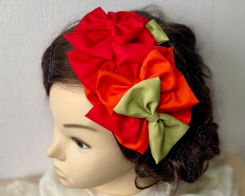 リボン ヘアアクセサリー 赤リボン 鶯色 橙色 髪飾り ボンネット