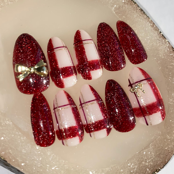 12))ネイルチップ フレンチガーリー ボルドーネイル リボンネイル