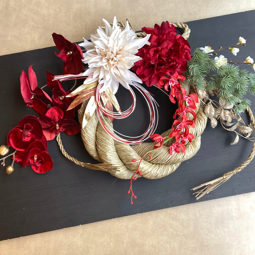 特大・一点物【お正月】豪華 お花いっぱいの雲流しめ縄リース ー