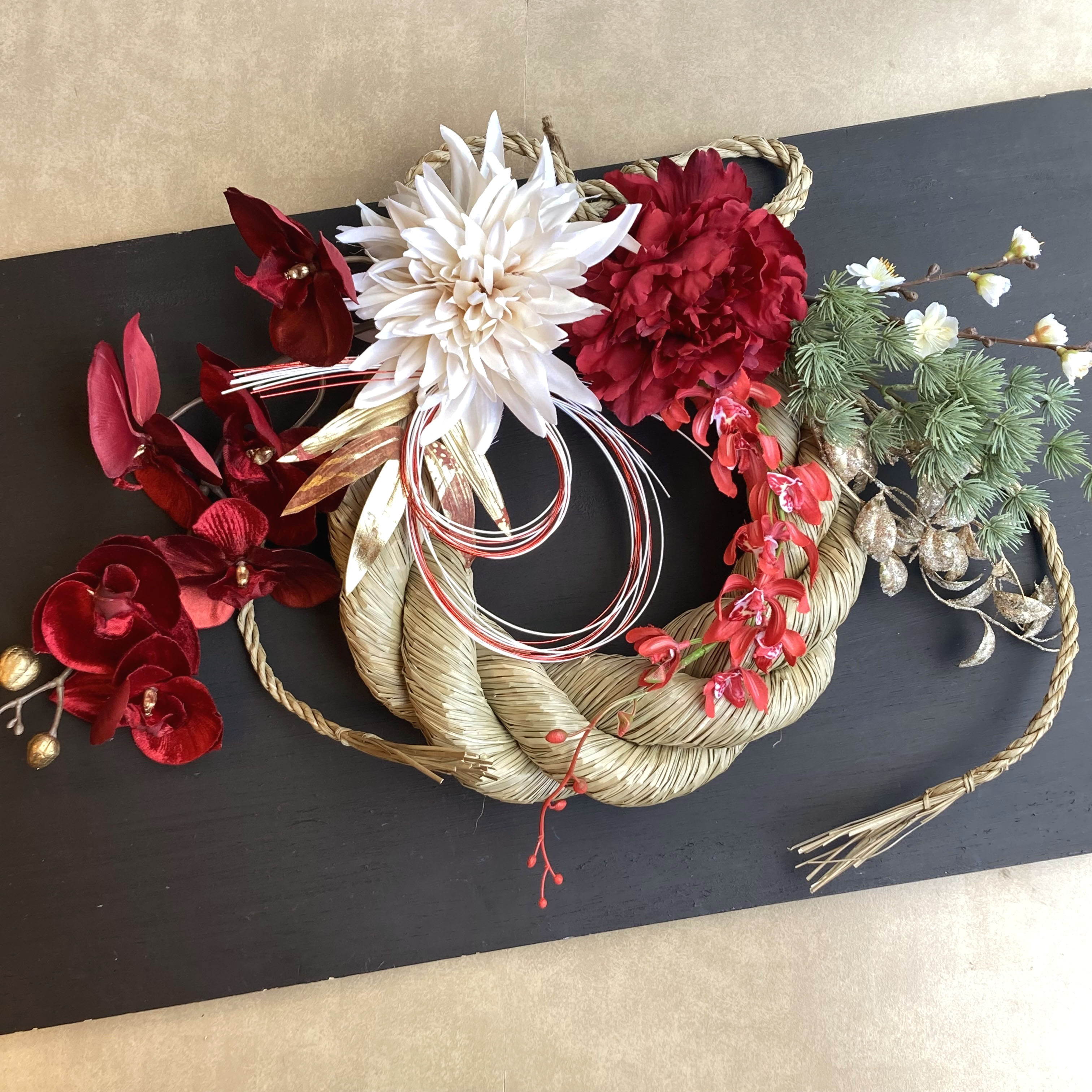 特大・一点物【お正月】豪華 お花いっぱいの雲流しめ縄リース ー