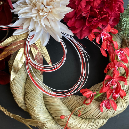 特大サイズ・一点物【お正月】豪華 お花いっぱいの雲流しめ縄リース ー