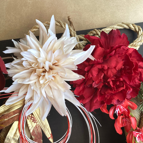 特大サイズ・一点物【お正月】豪華 お花いっぱいの雲流しめ縄リース ー