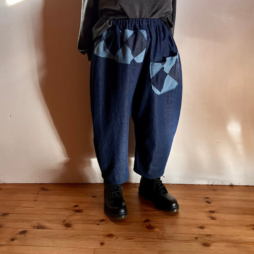現品　デニムブルー パッチワーク サルエルパンツ finefinefk_fj-d360