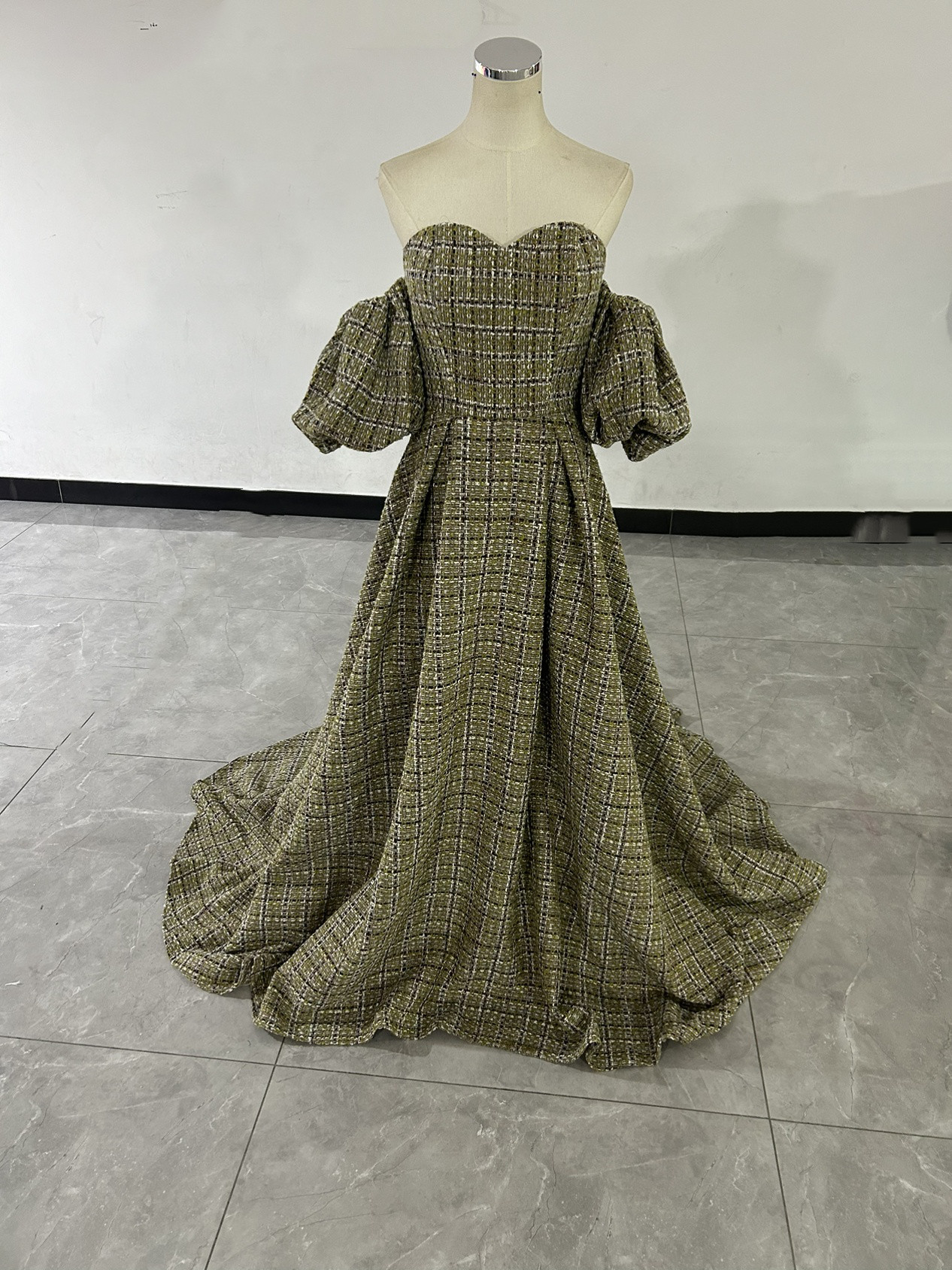 ツイードドレス グリーン ベアトップ カラードレス 取り外し袖 キュロットスカート 前撮り/花嫁