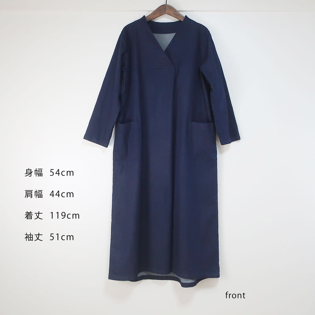 冬の和風ワンピ♥️インディゴ染め Ｖネックタック長袖ワンピース（コットン／ネイビー）