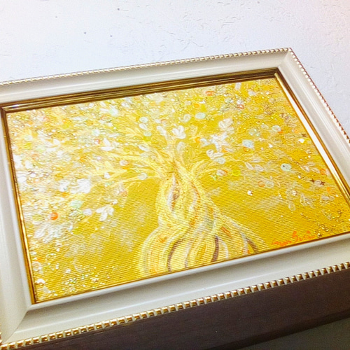 風水開運絵画◆金箔　輝く招財樹　幸せの木　ウェルカムゴールド　幸せの木　金の 風水絵画 金箔の実輝く光の豊樹 幸せの招財樹 金のなる木 花