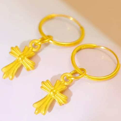 24K（両耳）24K純金フープピアス＆クロスペンダントトップ｜自由に