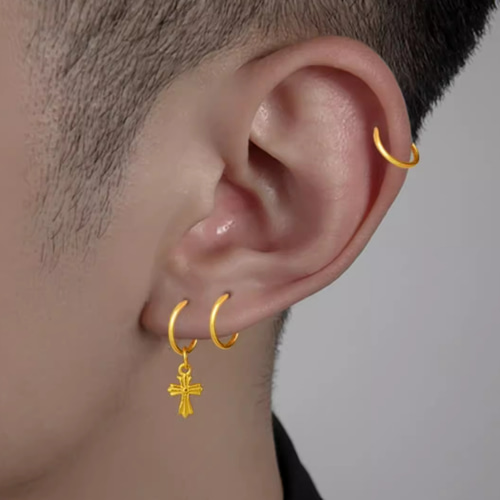 クロスフープピアス 24K（両耳）24K純金フープピアス＆クロスペンダントトップ｜自由