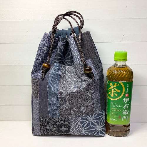 合切袋・信玄袋（巾着袋）／大島紬調(紺系) 巾着袋 かりんかりん