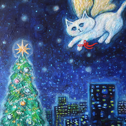 原画「クリスマスに輝く夜の街の空で」 F8号 #絵画 #ねこ #天使猫 #猫
